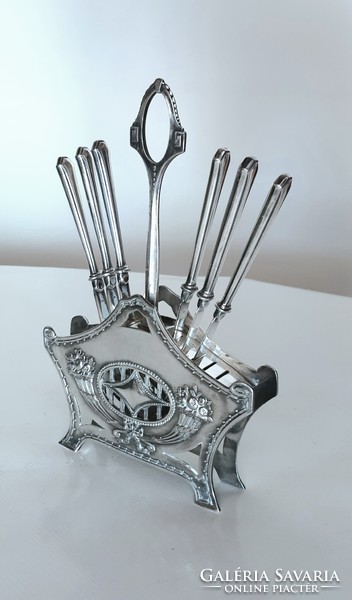 Wmf, art nouveau silver-plated dessert, fruit knife stand with 6 knives, brunch set