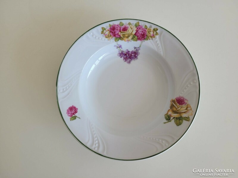 Old porcelain wall plate deep plate with rose pattern and violet garland