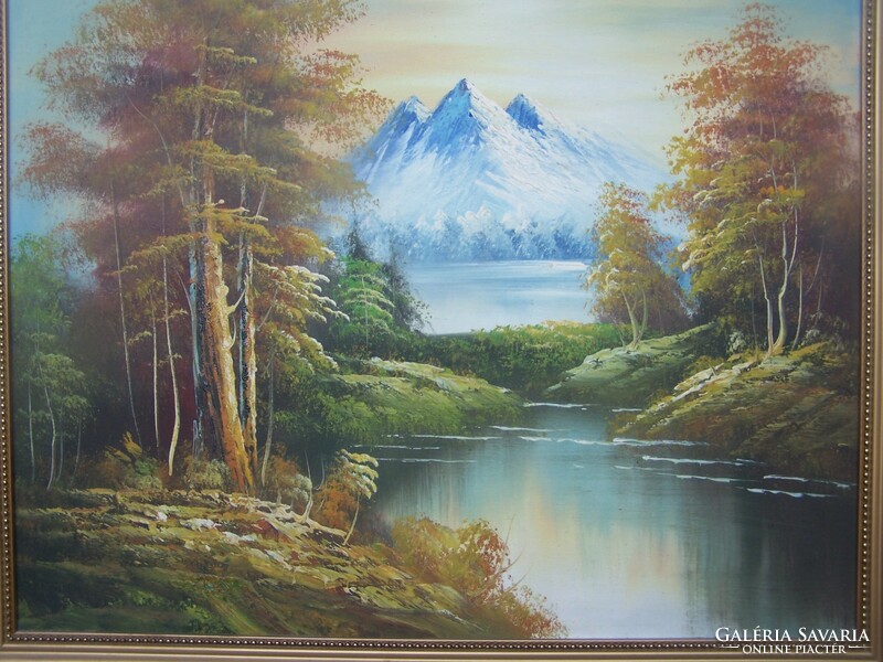 Osztrák festő, XX.század: Alpesi táj folyóval - 60x48 cm, a keret külső mérete 58x68 cm