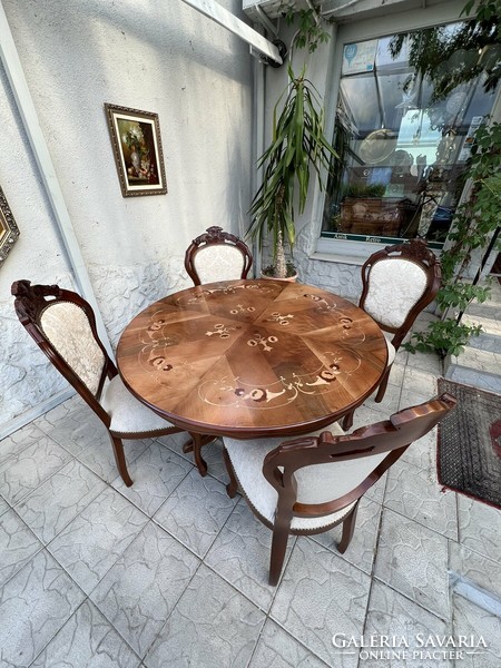 Antique style marquetry dining / meeting table with 6 upholstered crown chairs