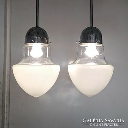 Bauhaus - pair of art deco ceiling lamps renovated - special shape water clear - milk glass shade
