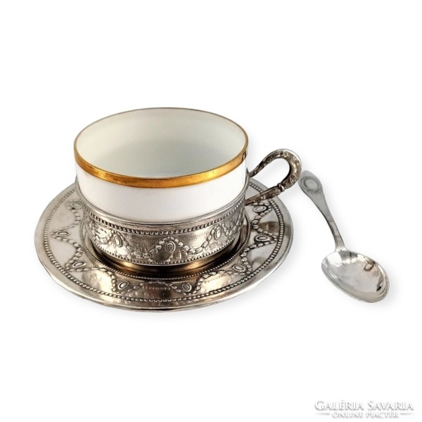 Italian 800 silver coffee cup with porcelain insert, silver spoon hallmarked between 1940-1950