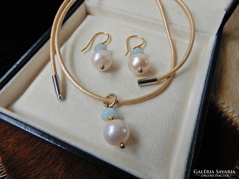 Gold-plated silver jewelry set with aquamarine and freshwater pearls
