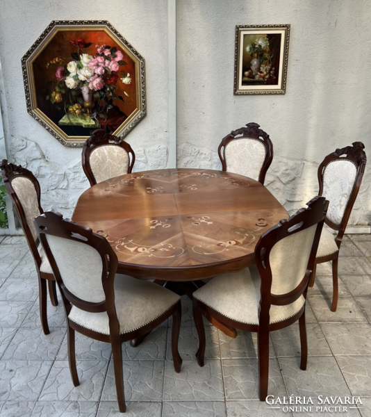 Antik stílusú intarziás étkező / tárgyaló asztal 6 db kárpitozott koronás székkel