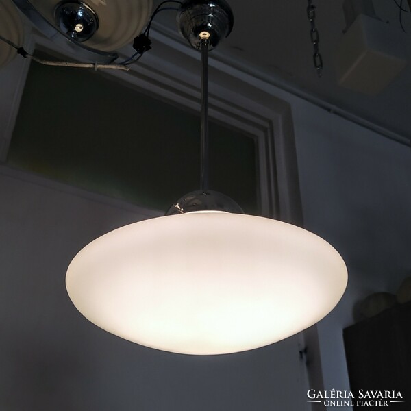 Refurbished Art Deco nickel-plated ceiling lamp - specially shaped frosted milk glass shade