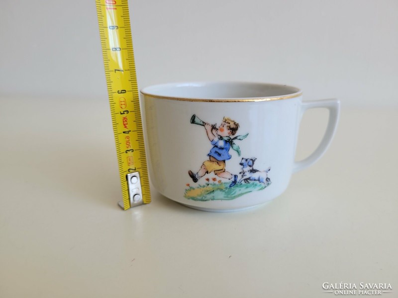 Old Zsolnay porcelain cup with a fairy tale pattern, mug with a little boy's dog pattern