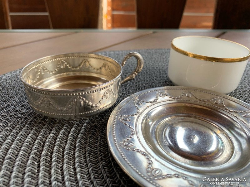 Olasz 800-as ezüst kávés csésze porcelán betéttel, ezüst kanállal 1940-1950 közötti fémjelzés