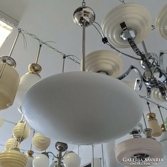 Refurbished Art Deco nickel-plated ceiling lamp - specially shaped frosted milk glass shade