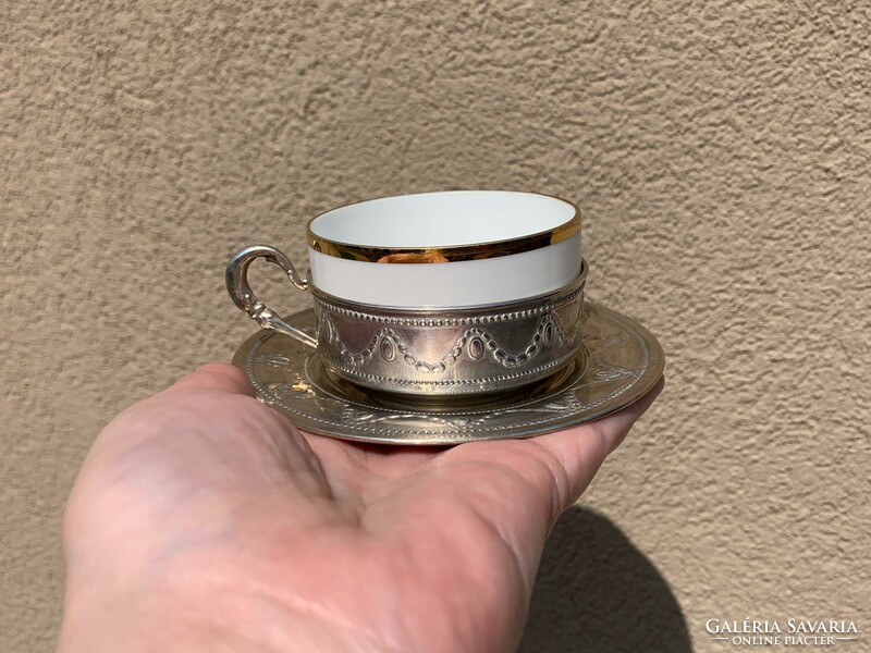 Italian 800 silver coffee cup with porcelain insert, silver spoon hallmarked between 1940-1950