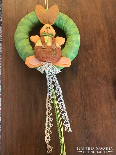 Bunny door knocker, wreath. Green silk base. Size: 25 cm with lace decoration.