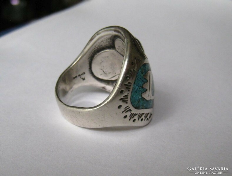 Antique silver Indian handmade ring, turquoise and coral mosaic, design jewelry, men's and women's