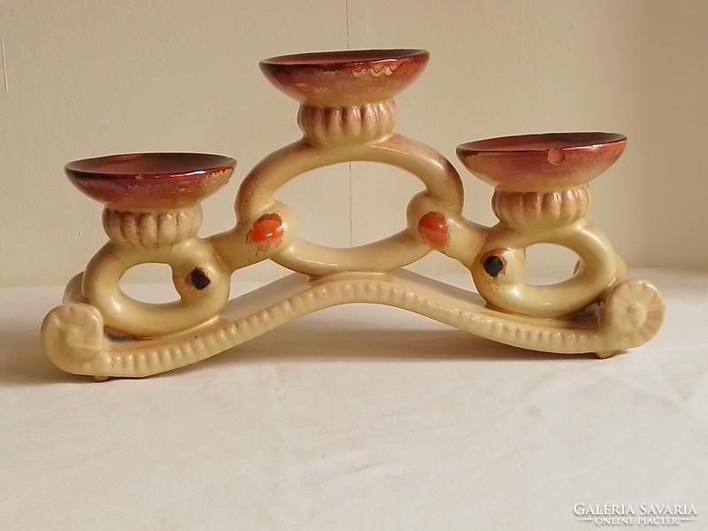 Antik régi art deco három ágú mázas kerámia asztali gyertyatartó, jelzett