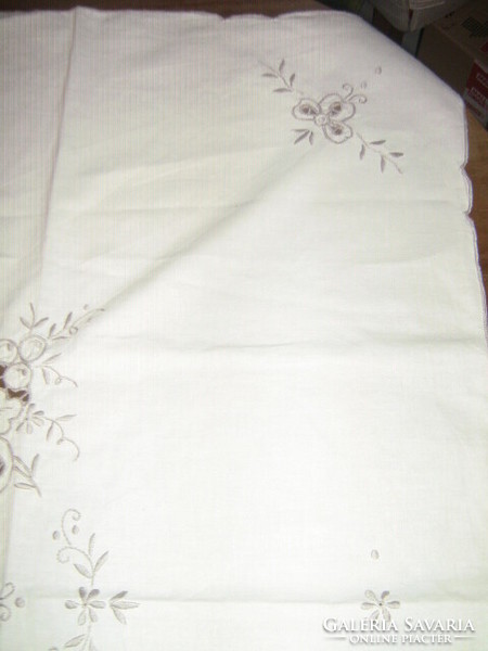 Beautiful vintage off-white graphite gray flower embroidered rosette tablecloth