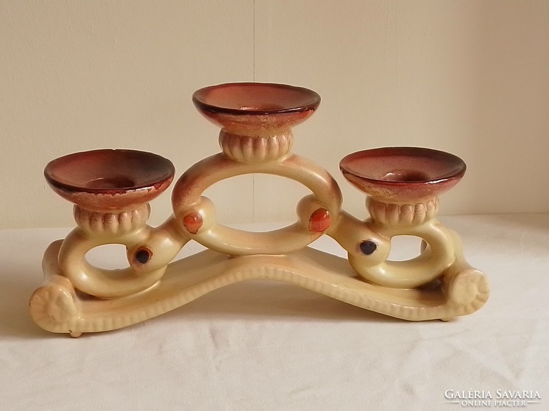 Antique old art deco three-pronged glazed ceramic table candle holder, marked