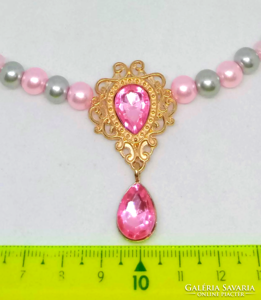Rózsaszín-ezüst tekla gyöngy nyaklánc rózsaszín kristály medállal 261