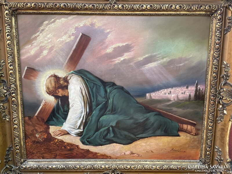 Bihari Emma Jézus elesik a kereszttel Keresztút egyházi vallási téma festmény blondel keretben