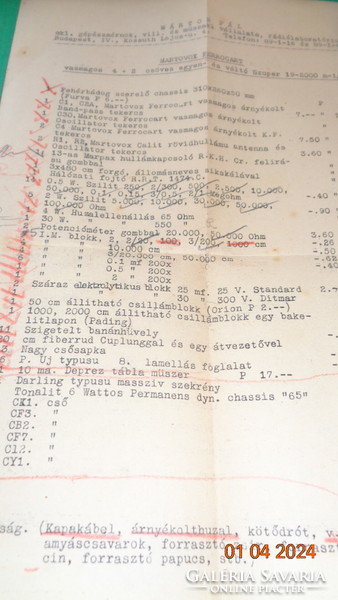 Rádiótechnikai számla , eredeti  korabeli anyagokról a 30as évekből , Martovox Ferrocart