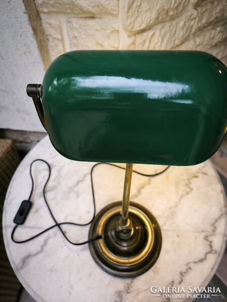 Antique table lamp, copper lamp with green enamel finish.