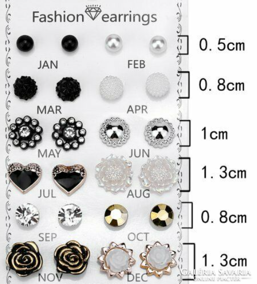 Ears40 - 12 pairs of stud earrings: ball, heart, rose, flower, black, white, gold