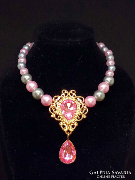 Pink-silver tekla pearl necklace with pink crystal pendant 261