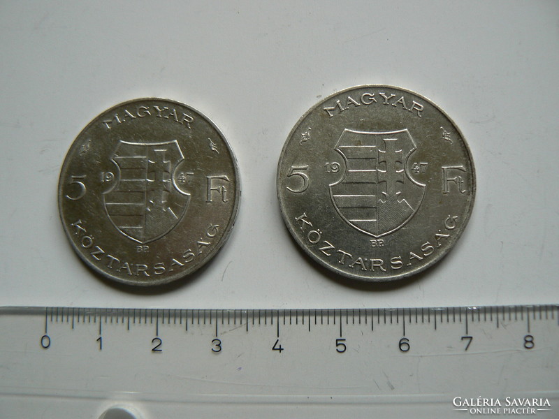 2 silver coins, 5 HUF, Republic of Hungary 1947, original! (3.)