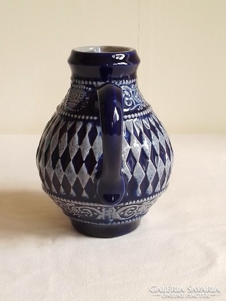 Old cobalt blue-grey glazed German stoneware ceramic wine jug pourer marked 0.25 dl checkered pattern