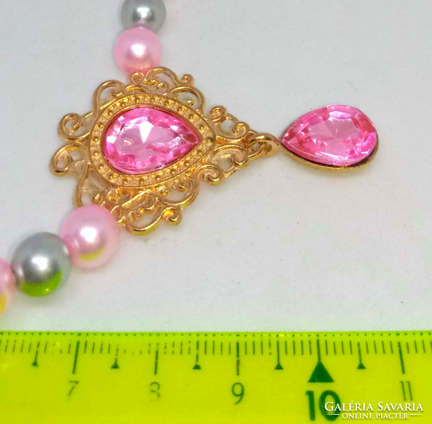 Rózsaszín-ezüst tekla gyöngy nyaklánc rózsaszín kristály medállal 261