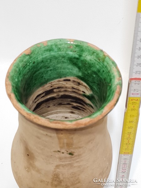 Folk unglazed ceramic milk jug with dark green glaze spots (3016)