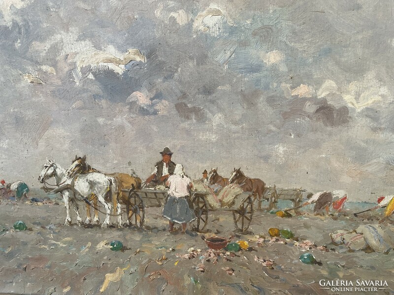 Csillag József tájkép lovas életkép falusi jelenet festmény blondel keretben