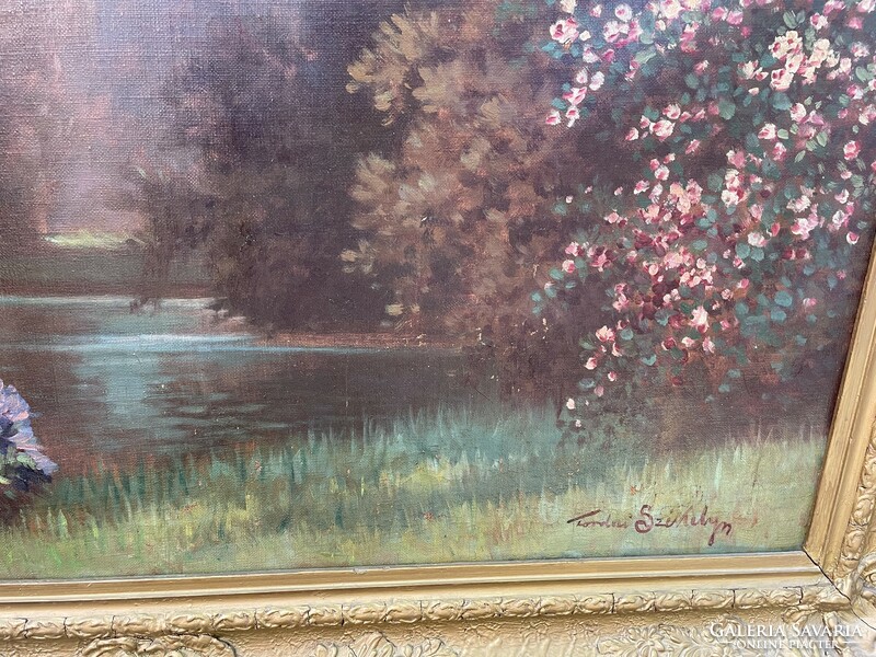 Mihály Székely Tordai landscape painting park oil painting in a blonde frame