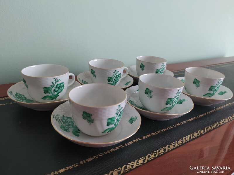 Herendi - kávés készlet zöld virág dekorral, jelzett, 6 db csésze és 6 db alj