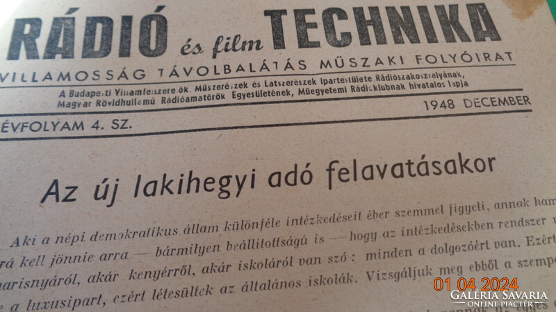 Rádiótechnika 1936 , 1938 , 1947 , 1948 évi számok   4 db.