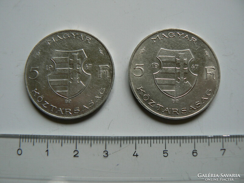 2 silver coins, 5 HUF, Republic of Hungary 1947, original! (2.)