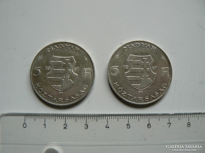 2 silver coins, 5 HUF, Republic of Hungary 1947, original! (3.)