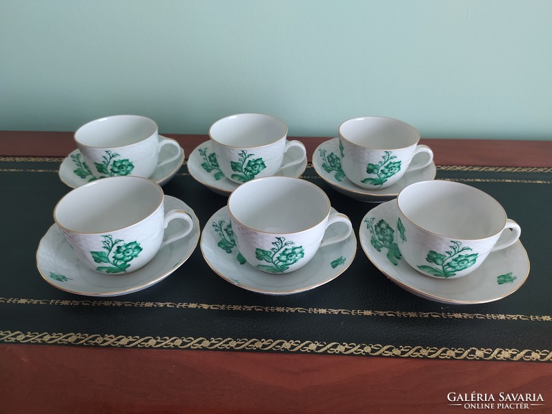 Herendi - kávés készlet zöld virág dekorral, jelzett, 6 db csésze és 6 db alj