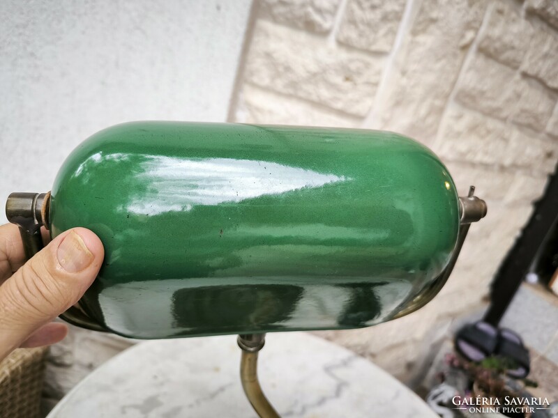 Antik asztali lámpa,Réz làmpa zöld zomànc búràs .