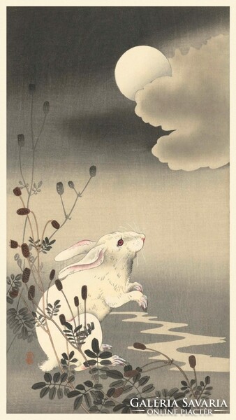 Ohara koson: rabbit and full moon at night, Japanese woodcut, excellent quality reprint print wall picture