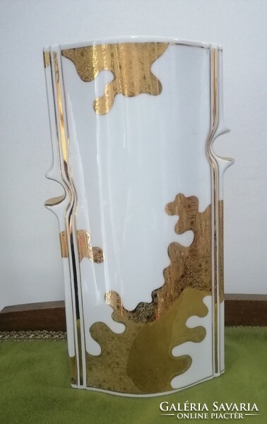 Hollóházi Faragó nagyméretű limitált váza, 24 karátos aranyozás