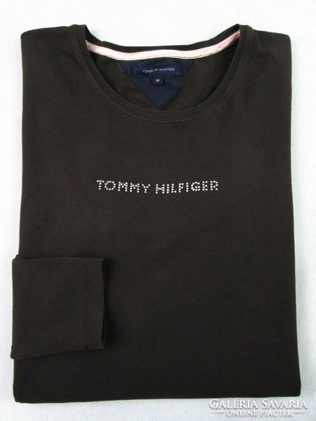 EREDETI TOMMY HILFIGER (M) NŐI SÖTÉTBARNA HOSSZÚ UJJÚ PÓLÓ RUGALMAS FELSŐ