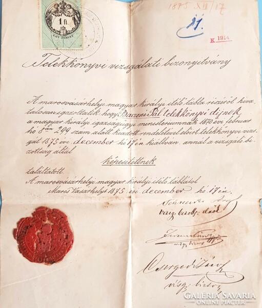1875 Marosvásárhely Telekkönyvi Vizsgálati Bizonyítvány