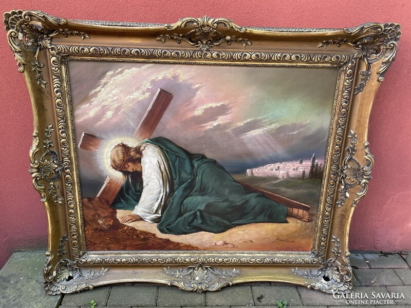 Bihari emma jesus falls with the cross ecclesiastical religious theme painting in blonde frame