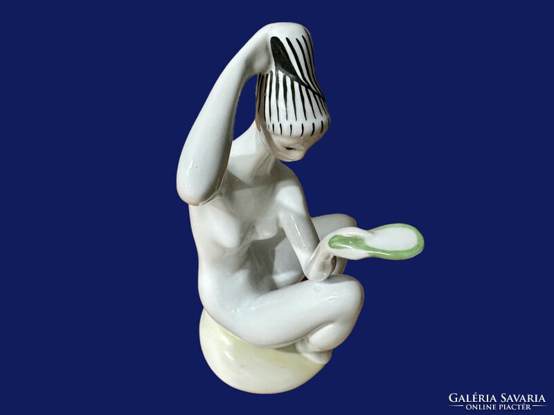 Zsolnay woman combing her hair, porcelain statue, Turkish János figure