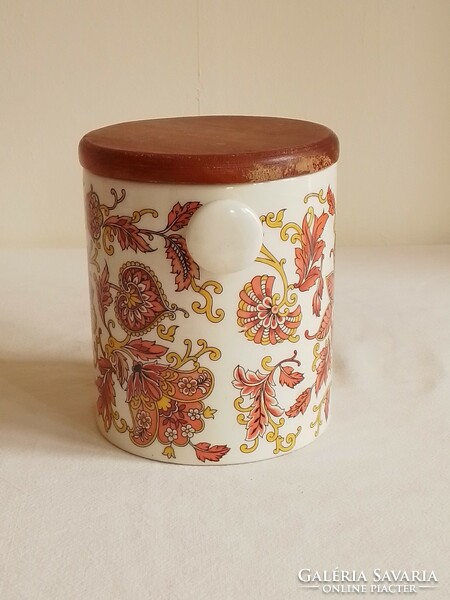 Old glazed ceramic kitchen storage container with wooden lid sugar holder tea salt holder stylized flower pattern 12cm