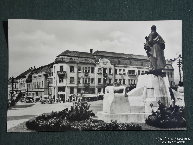 Postcard, Kaposvár, Kossuth Lajos tér, statue detail, shops, 1950-