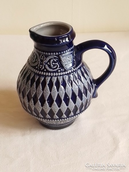 Old cobalt blue-grey glazed German stoneware ceramic wine jug pourer marked 0.25 dl checkered pattern
