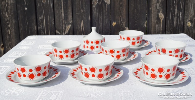 Retro Alföldi porcelán Centrum Varia napocskás piros pöttyös teás csésze készlet és cukortartó 16db