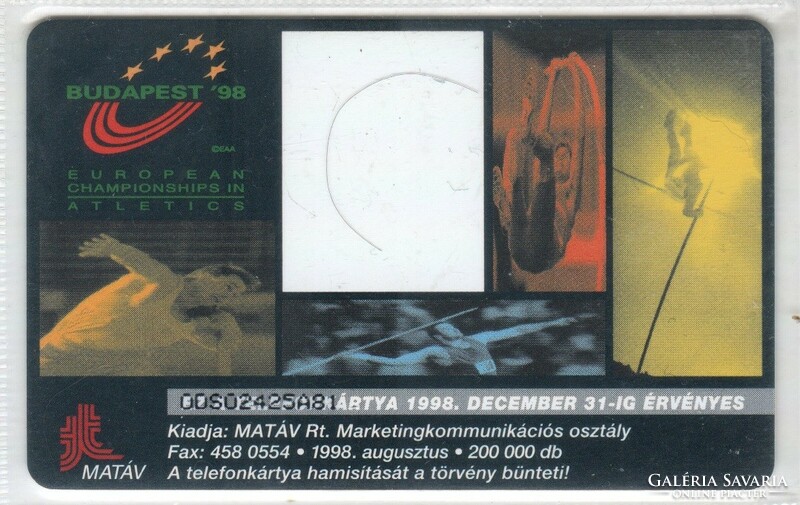 Magyar telefonkártya 1186  1998 Atlétikai EB ODS 3   200.000 Db