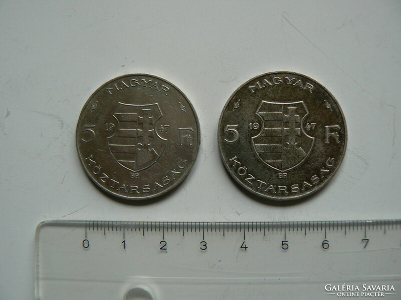 2 silver coins, 5 HUF, Republic of Hungary 1947, original!