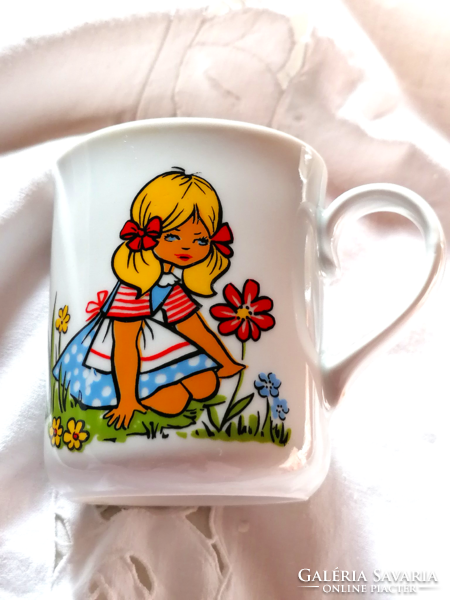 Retro fairy tale mug, little boy and little girl picking flowers, very nice giftable mug