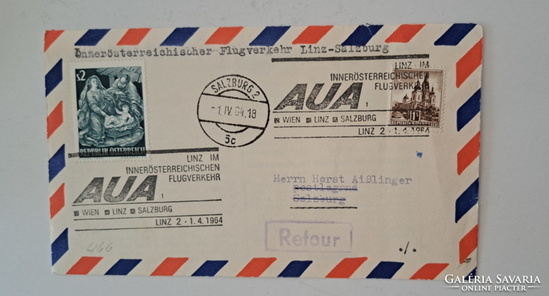 Retour légi levél küldemény,  bélyeg 1964.
